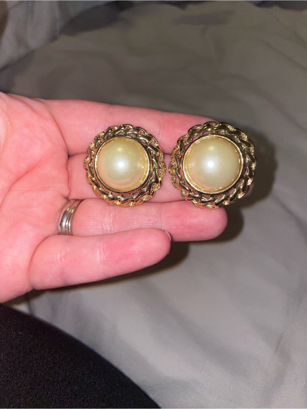Vintage Gold-Tone Pearl Center Clip-On Earrings